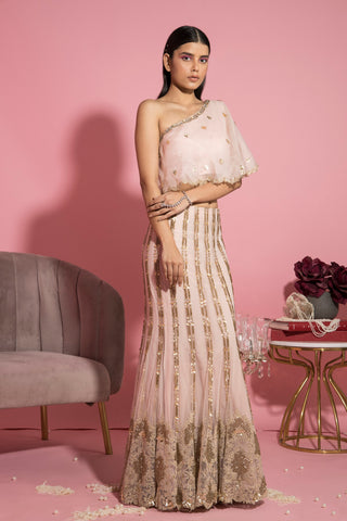 Sanya Gulati-Nude Pink Mermaid Lehenga With One Shoulder Cape Top-INDIASPOPUP.COM