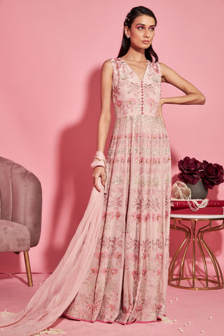 Sanya Gulati-Nude Pink Resham Embroidered  Anarkali Set-INDIASPOPUP.COM