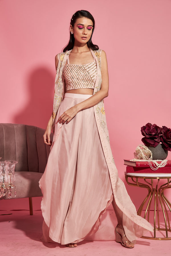 Sanya Gulati | Nude Pink Bustier Cape And Dhoti Pants Set