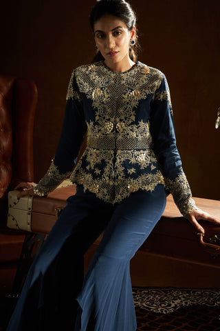 Sanya Gulati-Blue Peplum Jacket Flared Pants Set-INDIASPOPUP.COM