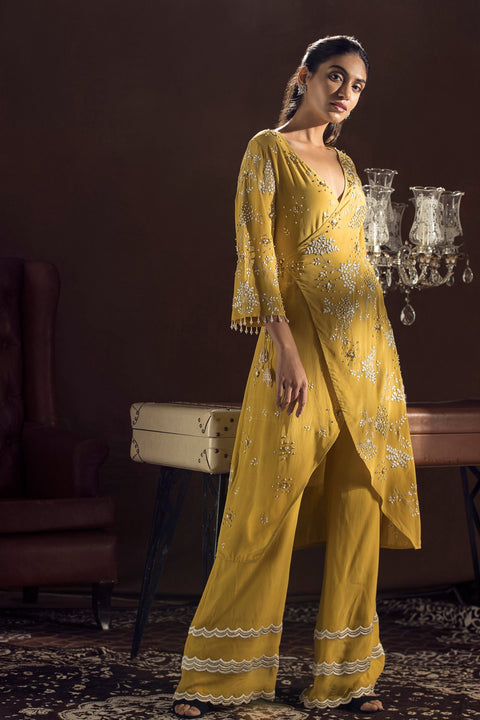 Sanya Gulati-Mustard Kimono Wrap Kurta And Pants-INDIASPOPUP.COM