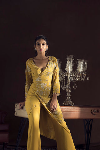 Sanya Gulati-Mustard Kimono Wrap Kurta And Pants-INDIASPOPUP.COM