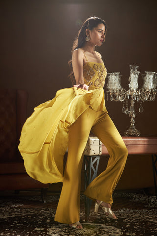 Sanya Gulati-Mustard Pleated Top With Bell Bottom Pants-INDIASPOPUP.COM