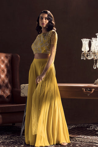 Sanya Gulati-Mustard Crop Top With Flared Sleeves And Palazzo-INDIASPOPUP.COM