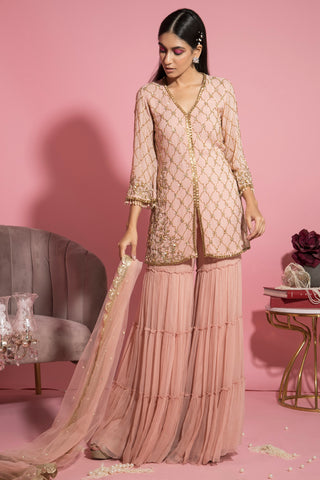 Sanya Gulati-Pink Shirt And Tiered Sharara Set-INDIASPOPUP.COM