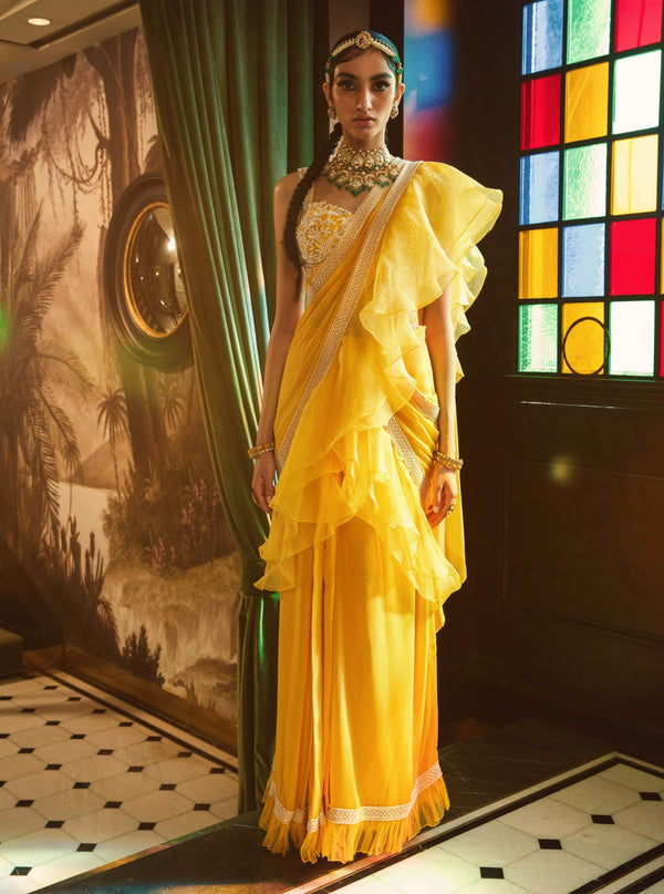 Sanya Gulati-Mango Pre-Stitched Ruffled Saree Set-INDIASPOPUP.COM
