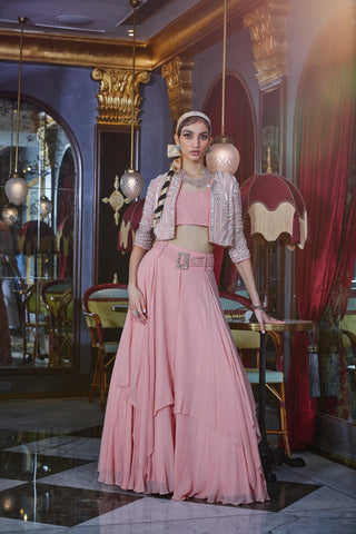 Sanya Gulati-Pink Crop Top With Skirt And Jacket-INDIASPOPUP.COM