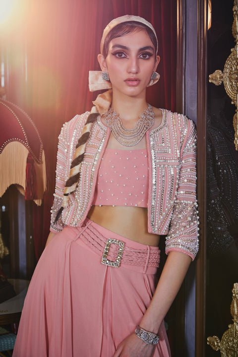 Sanya Gulati-Pink Crop Top With Skirt And Jacket-INDIASPOPUP.COM