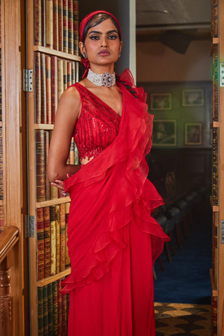 Sanya Gulati-Red Pre Stitched Ruffled Saree Set-INDIASPOPUP.COM