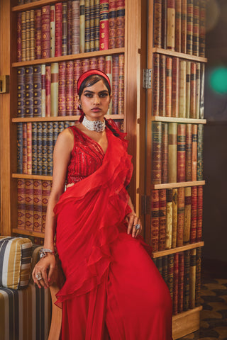 Sanya Gulati-Red Pre Stitched Ruffled Saree Set-INDIASPOPUP.COM