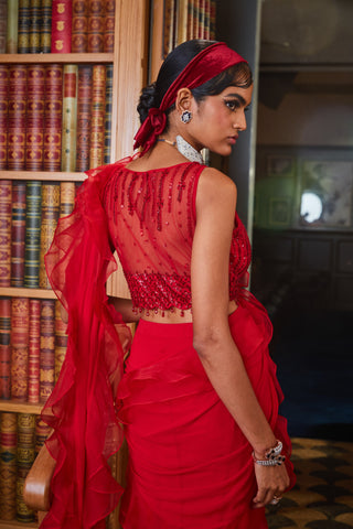 Sanya Gulati-Red Pre Stitched Ruffled Saree Set-INDIASPOPUP.COM