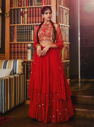 Sanya Gulati-Red Embroidered Lehenga Set-INDIASPOPUP.COM
