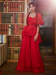 Sanya Gulati-Red One Shoulder Ruffle Top And Palazzo-INDIASPOPUP.COM
