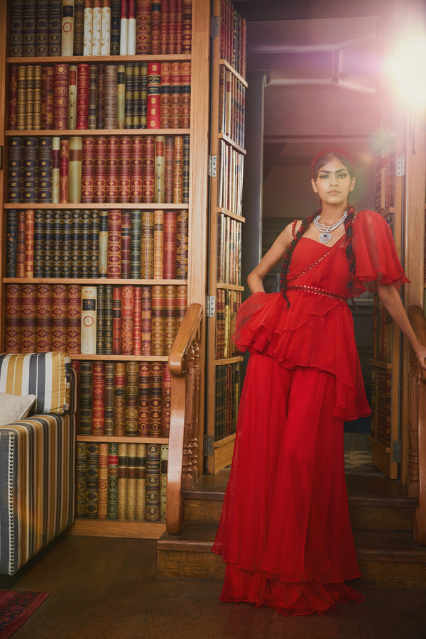 Sanya Gulati-Red One Shoulder Ruffle Top And Palazzo-INDIASPOPUP.COM