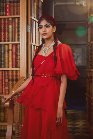 Sanya Gulati-Red One Shoulder Ruffle Top And Palazzo-INDIASPOPUP.COM