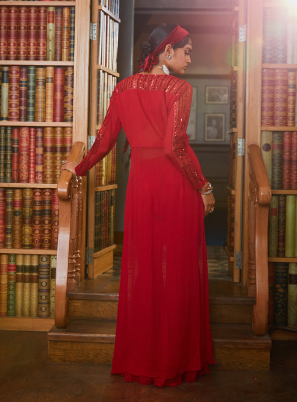 Sanya Gulati-Red Embroidered Asymmetric Top Set-INDIASPOPUP.COM