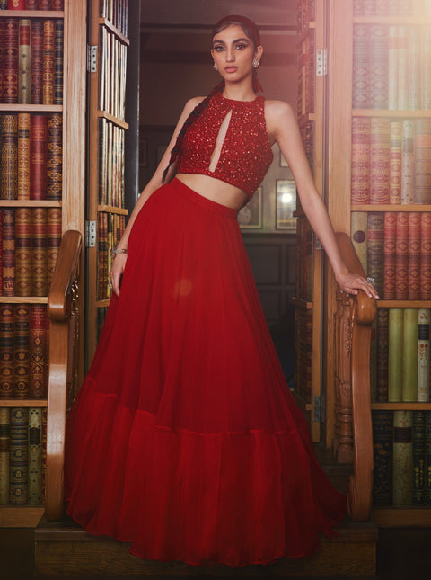 Sanya Gulati-Red Halter Sequins Embellished Lehenga Set-INDIASPOPUP.COM