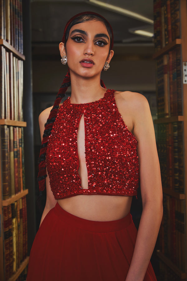 Sanya Gulati-Red Halter Sequins Embellished Lehenga Set-INDIASPOPUP.COM