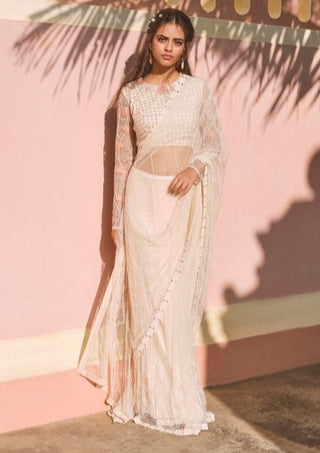 Mishru-Beige Embroidered Saree & Blouse-INDIASPOPUP.COM