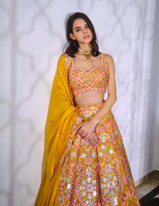 Aneesh Agarwaal-Yellow Embroidery Silk Lehenga Set-INDIASPOPUP.COM