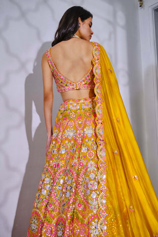 Aneesh Agarwaal-Yellow Embroidery Silk Lehenga Set-INDIASPOPUP.COM
