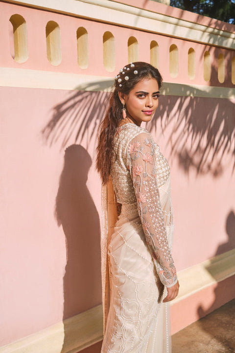 Mishru-Beige Embroidered Saree & Blouse-INDIASPOPUP.COM