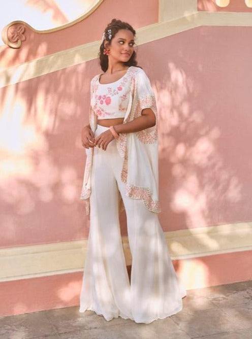 Mishru-Ivory Crop Top With Pants & Cape-INDIASPOPUP.COM