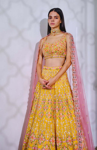 Aneesh Agarwaal-Yellow Floral Motif Lehenga Set-INDIASPOPUP.COM