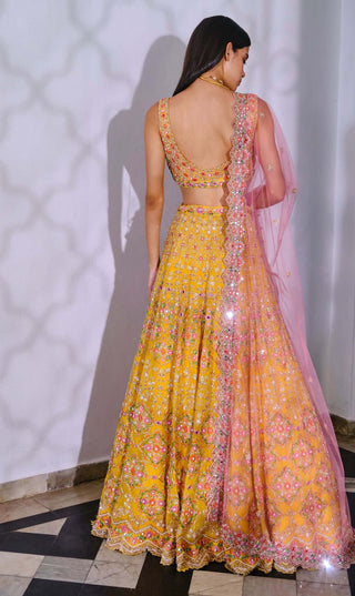 Aneesh Agarwaal-Yellow Floral Motif Lehenga Set-INDIASPOPUP.COM