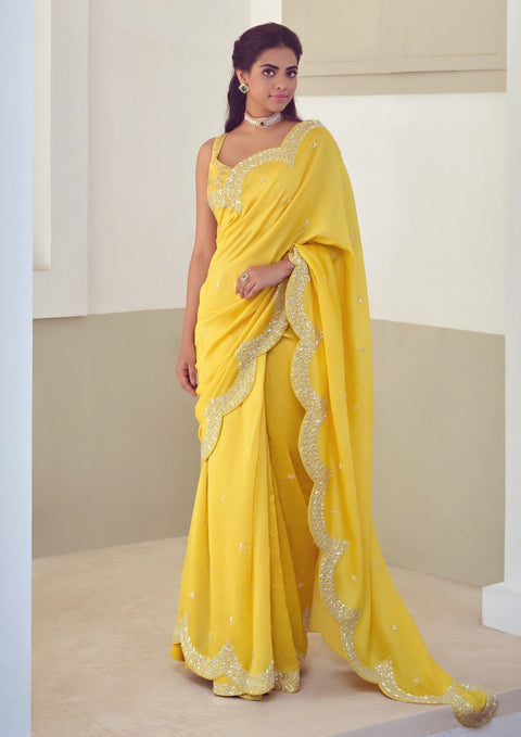 Mishru-Mango Yellow Embroidered Saree & Blouse-INDIASPOPUP.COM