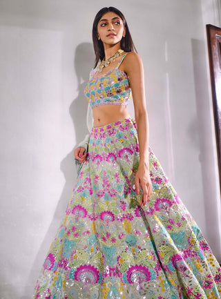 Aneesh Agarwaal-Aqua Blue Applique Lotus Lehenga Set-INDIASPOPUP.COM