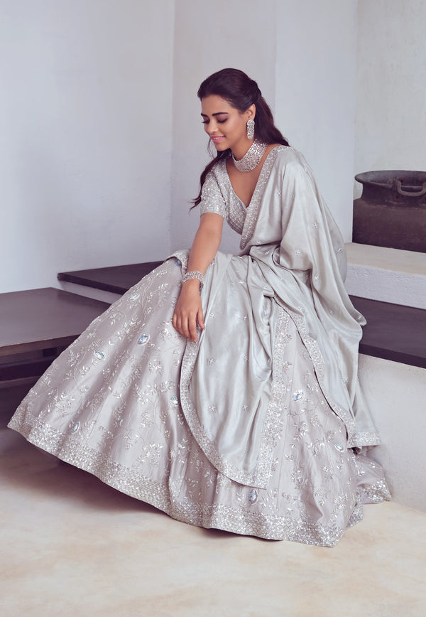 Mishru-Grey Embroidered Lehenga Set With Dupatta-INDIASPOPUP.COM