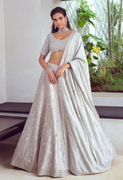 Mishru-Grey Embroidered Lehenga Set With Dupatta-INDIASPOPUP.COM