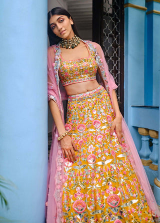 Aneesh Agarwaal-Yellow Big Floral Lehenga Set-INDIASPOPUP.COM