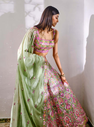 Aneesh Agarwaal-Sage Green Floral Silk Lehenga Set-INDIASPOPUP.COM