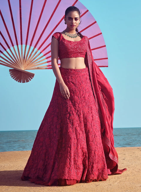 Mishru-Red Embroidered Lehenga Set With Dupatta-INDIASPOPUP.COM