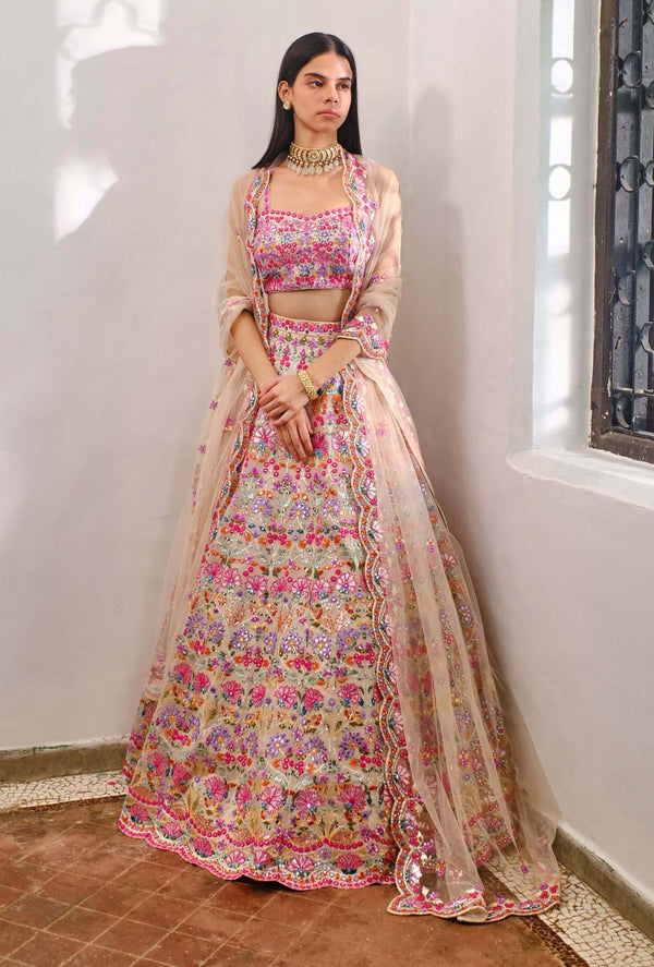 Aneesh Agarwaal, Ivory Floral Multicolor Lehenga Set