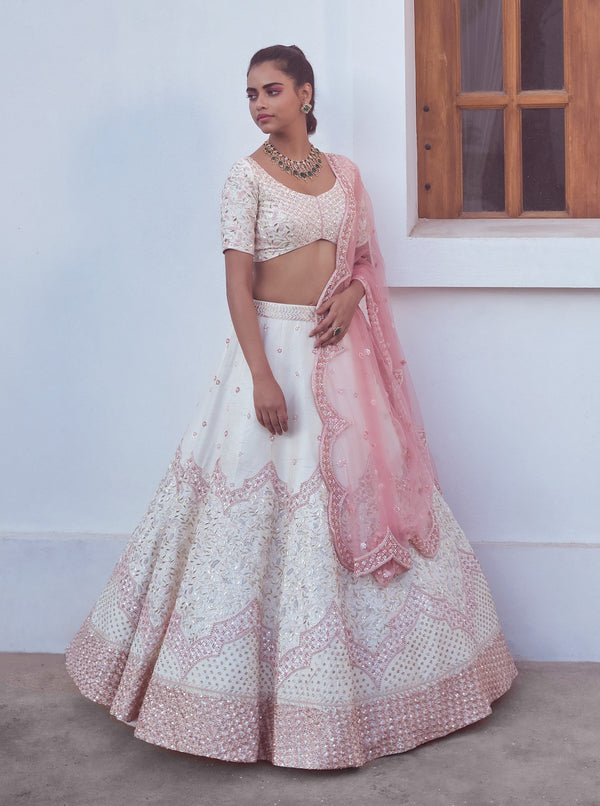 Mishru-Ivory & Peach Lehenga Set With Dupatta-INDIASPOPUP.COM