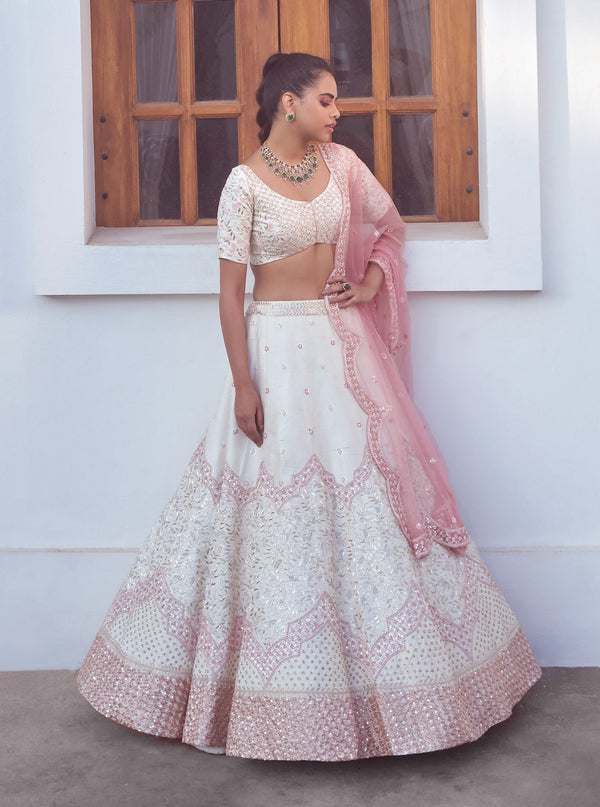 Mishru-Ivory & Peach Lehenga Set With Dupatta-INDIASPOPUP.COM