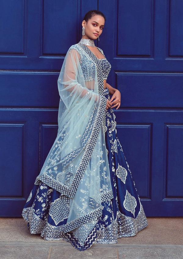 Mishru-Royal Blue Embroidered Lehenga Set With Dupatta-INDIASPOPUP.COM