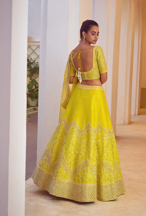Mishru-Lime Embroidered Lehenga Set With Dupatta-INDIASPOPUP.COM