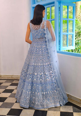 Aneesh Agarwaal-Blue Mirror Jacket Lehenga Set-INDIASPOPUP.COM