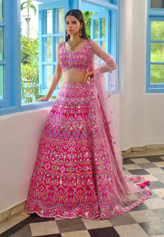 Aneesh Agarwaal-Hot Pink Floral Gota Lehenga Set-INDIASPOPUP.COM