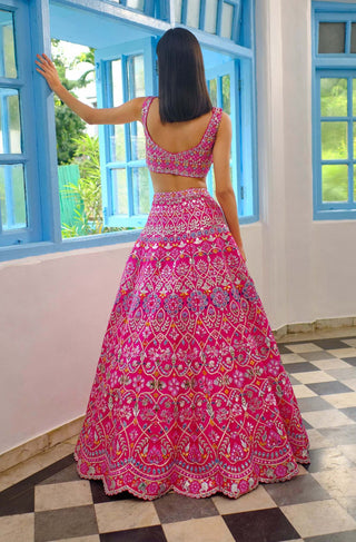 Aneesh Agarwaal-Hot Pink Floral Gota Lehenga Set-INDIASPOPUP.COM