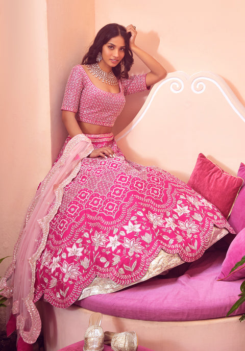Mishru-Bright Pink Embroidered Lehenga Set With Dupatta-INDIASPOPUP.COM
