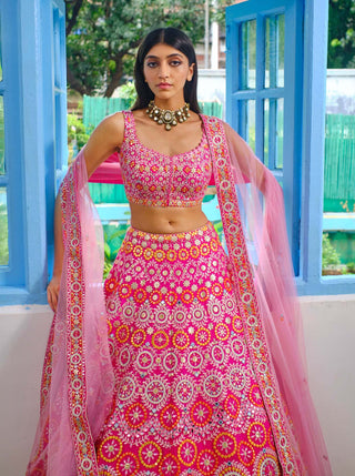 Aneesh Agarwaal-Fuchsia Pink Circles Lehenga Set-INDIASPOPUP.COM