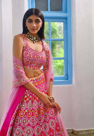 Aneesh Agarwaal-Fuchsia Pink Circles Lehenga Set-INDIASPOPUP.COM