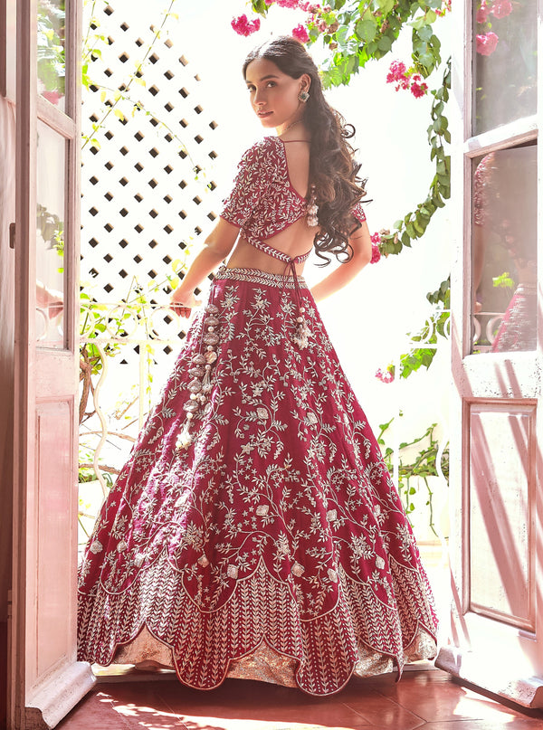 Mishru-Plum Embroidered Lehenga Set With Dupatta-INDIASPOPUP.COM