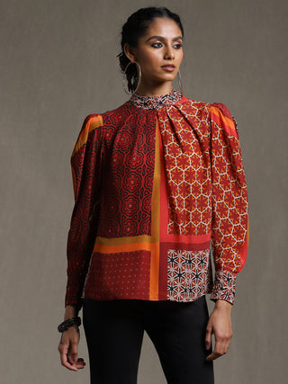 Ritu Kumar-Rust Geometric Print Shirt-INDIASPOPUP.COM