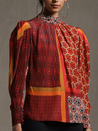 Ritu Kumar-Rust Geometric Print Shirt-INDIASPOPUP.COM